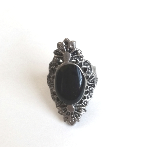Vintage Silver Adjustable Ring Black Onyx Adjustable 7 - Picture 9 of 14